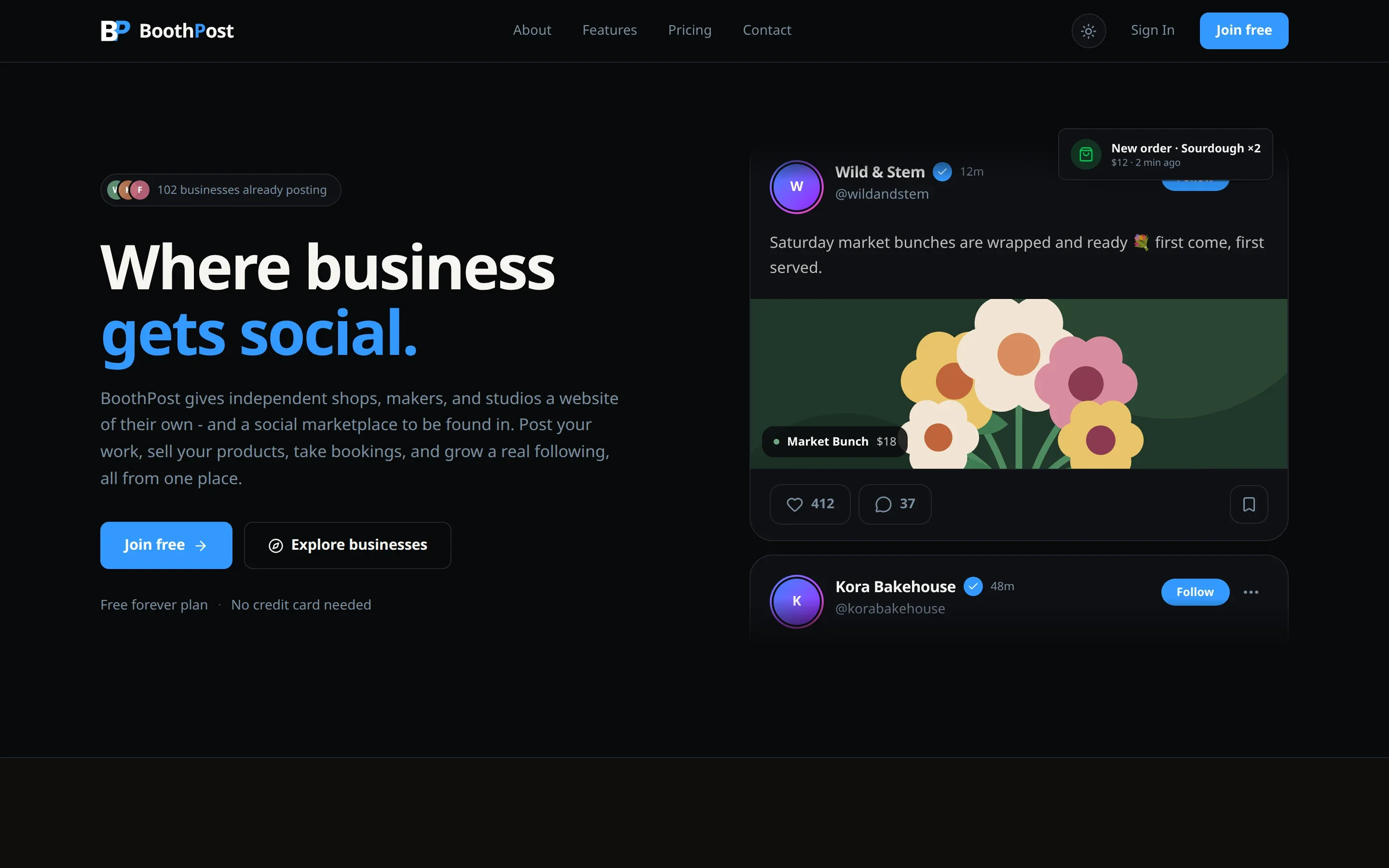 BoothPost landing page with a preview of business posts