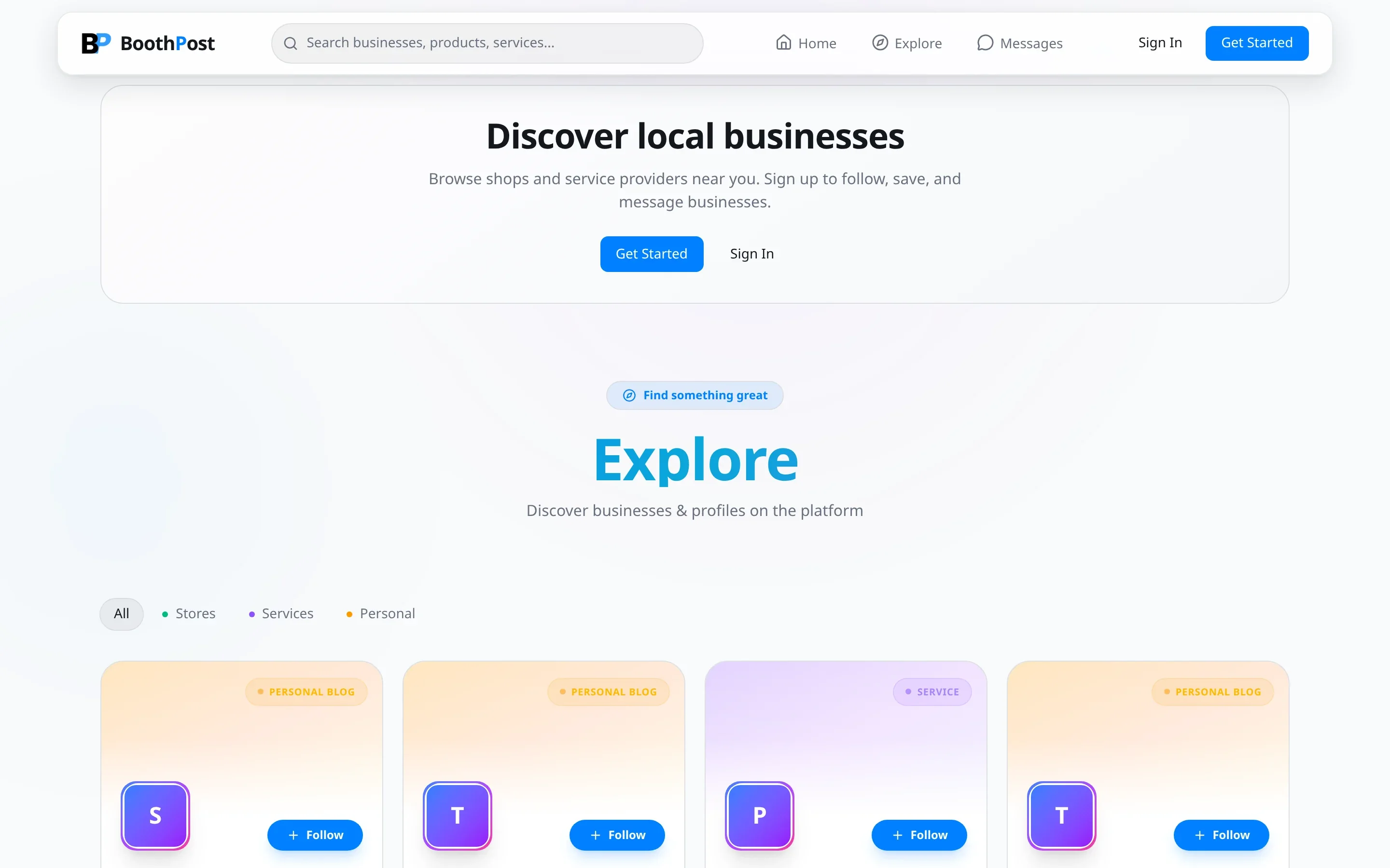 Discover page listing local businesses with follow buttons