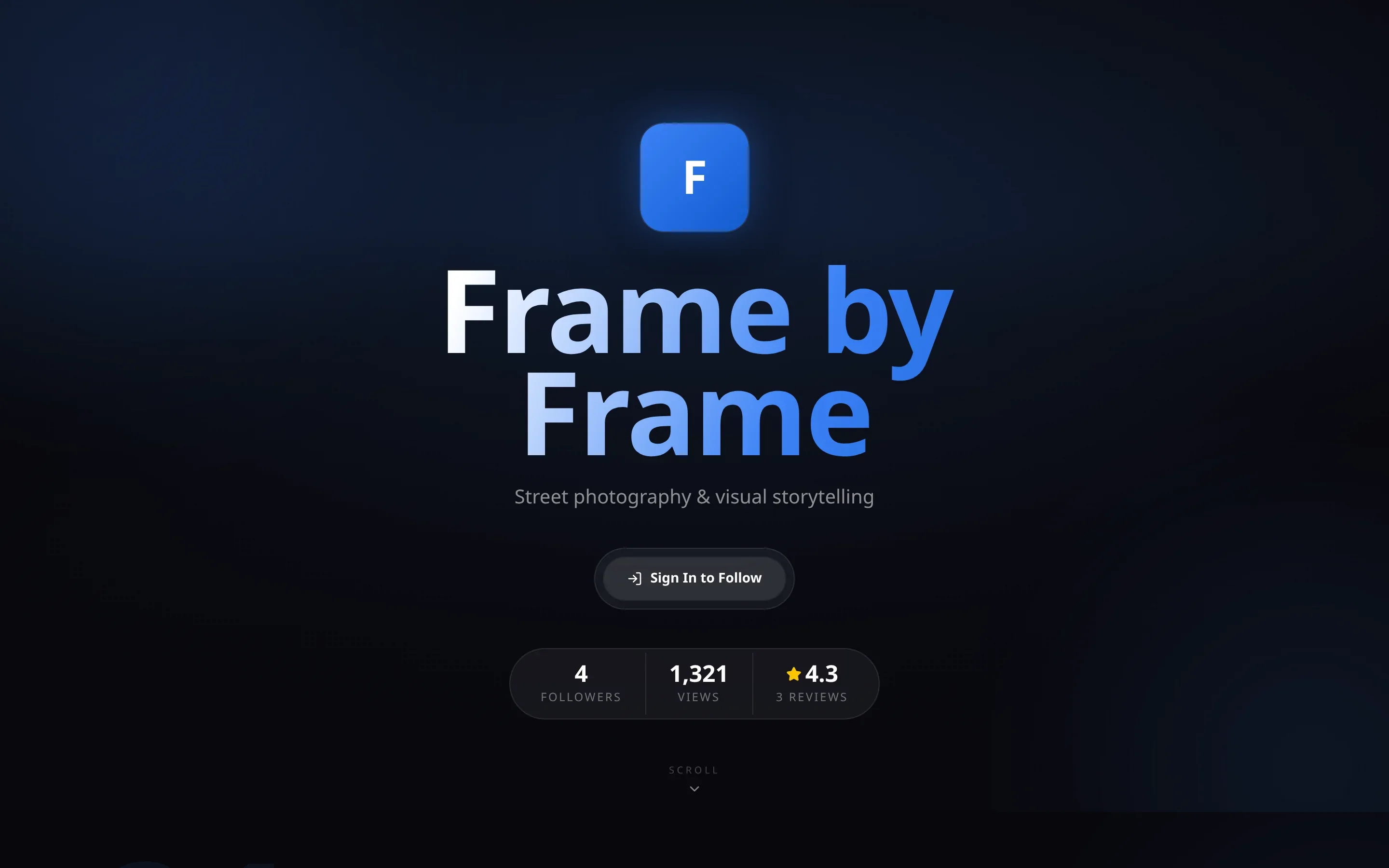 A personal blog called Frame by Frame on a dark BoothPost template
