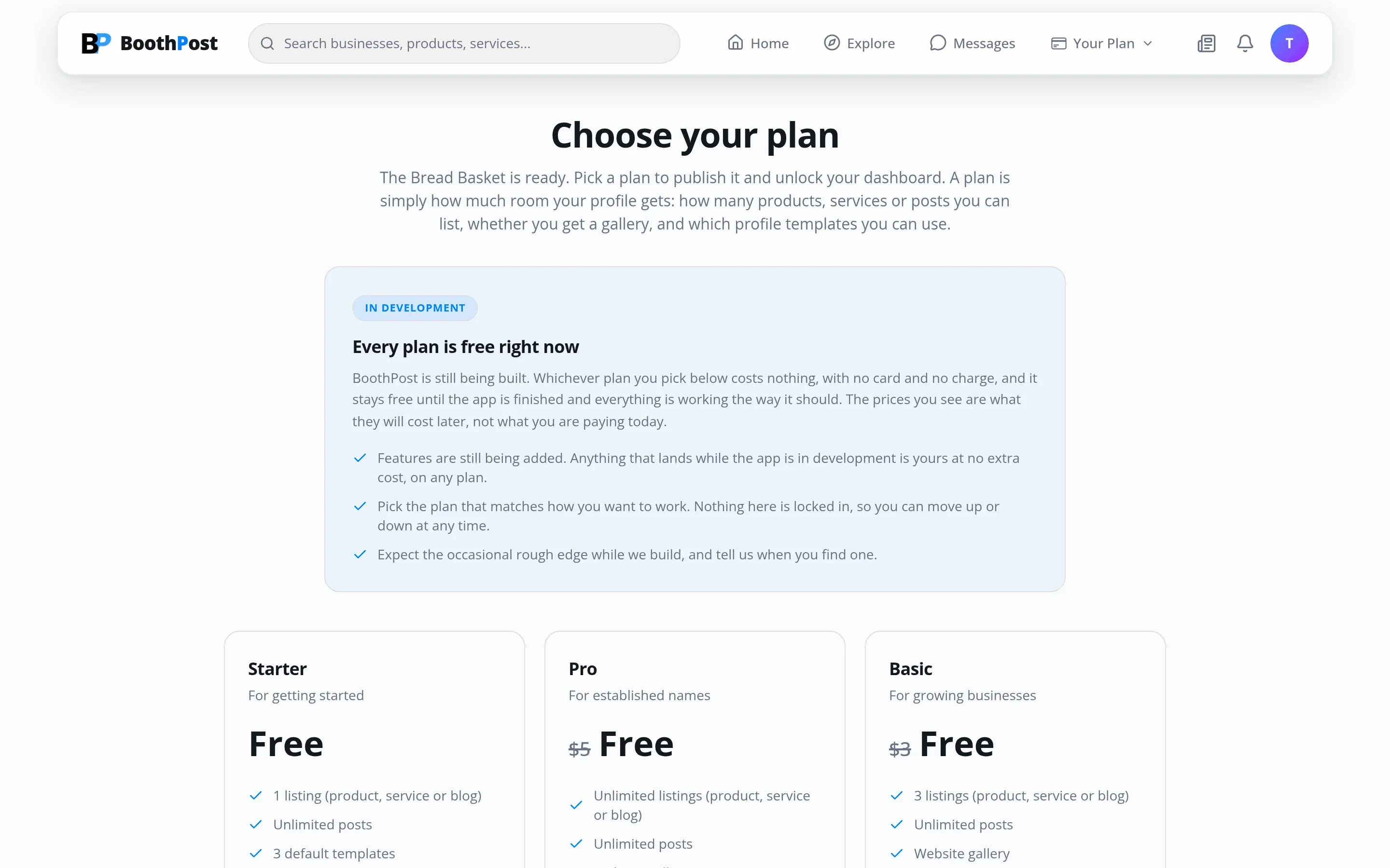 Choose your plan page with Starter, Basic and Pro plans