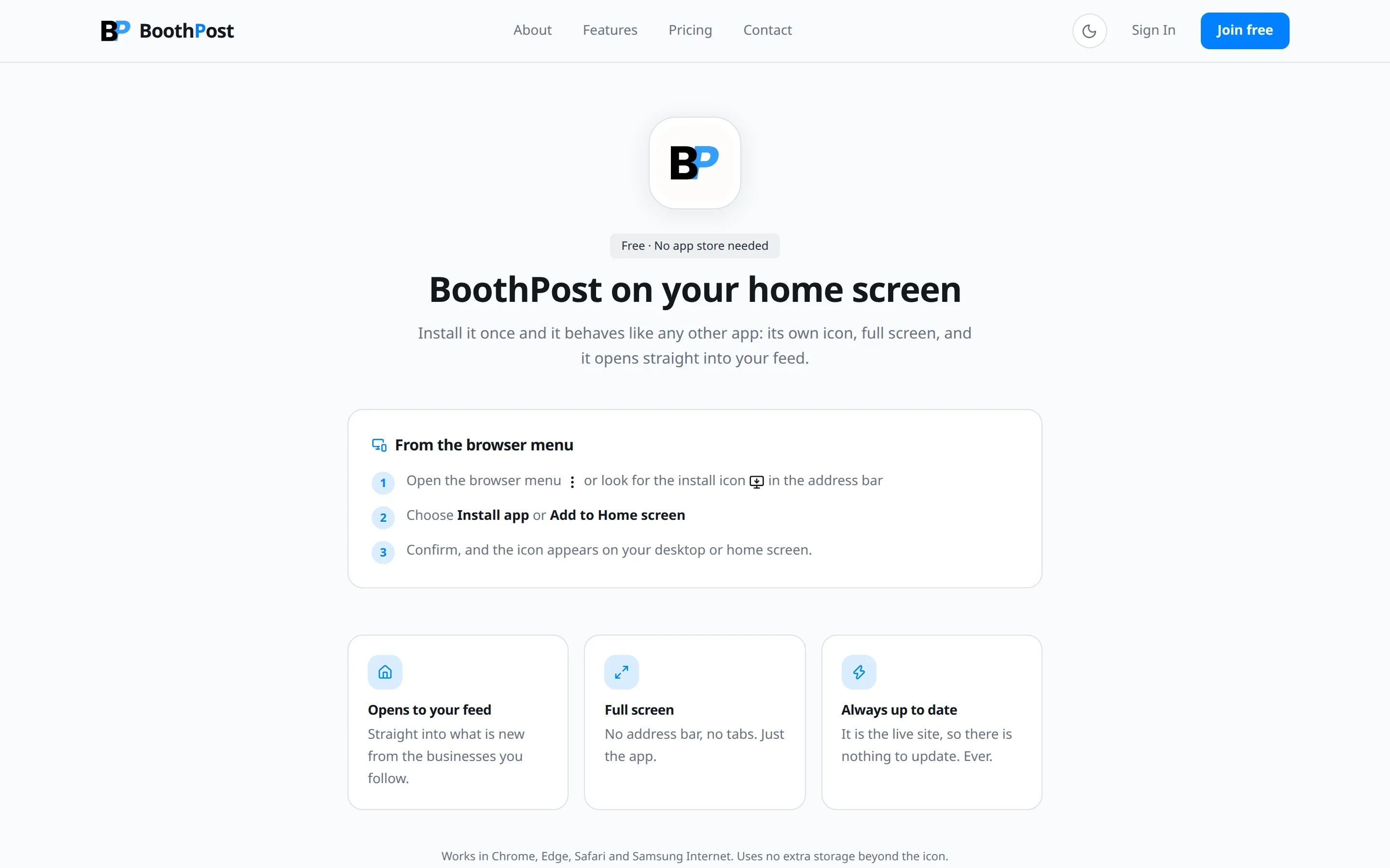 Page explaining how to install BoothPost on the home screen