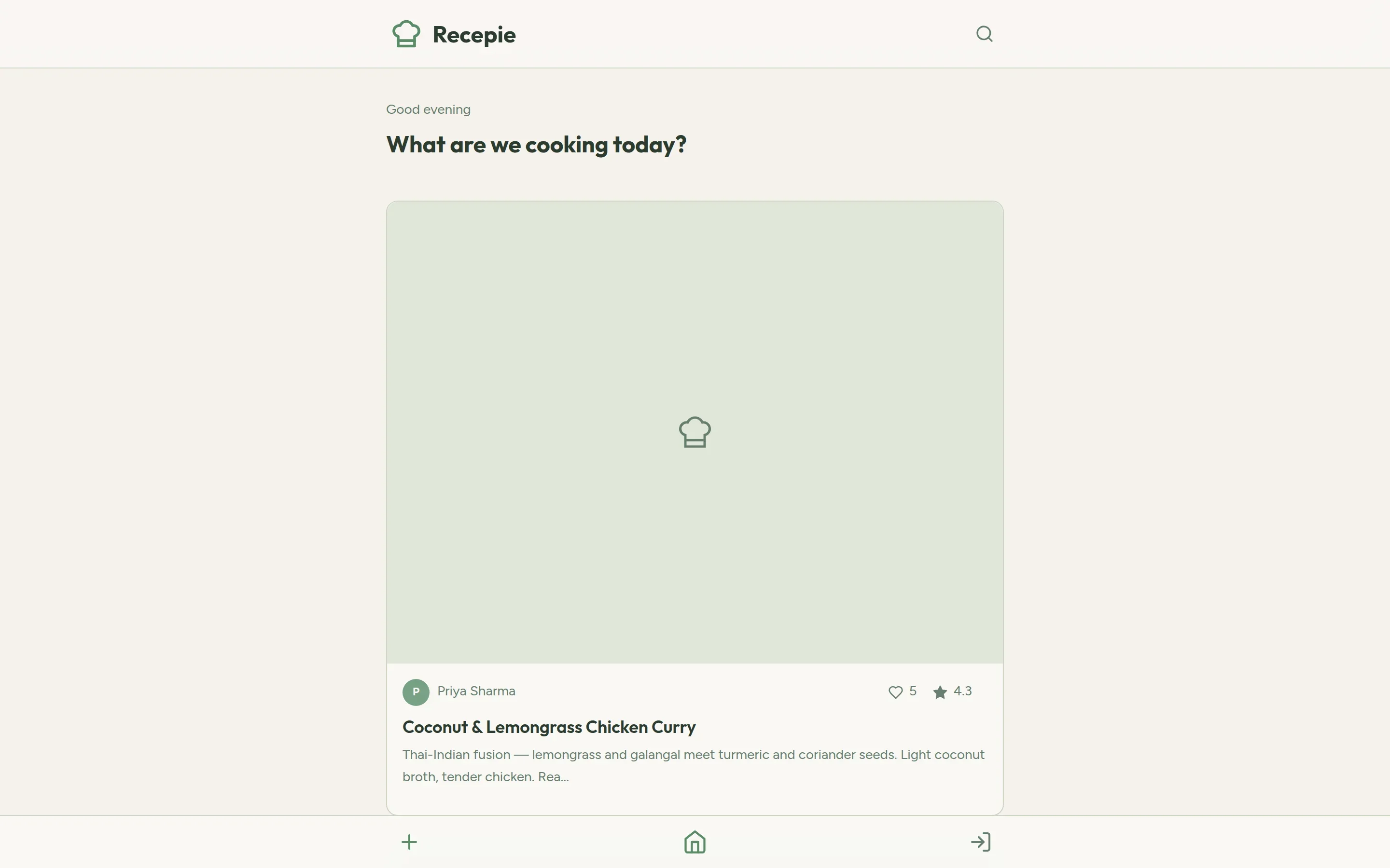 Home feed with a greeting and a Coconut & Lemongrass Chicken Curry recipe card