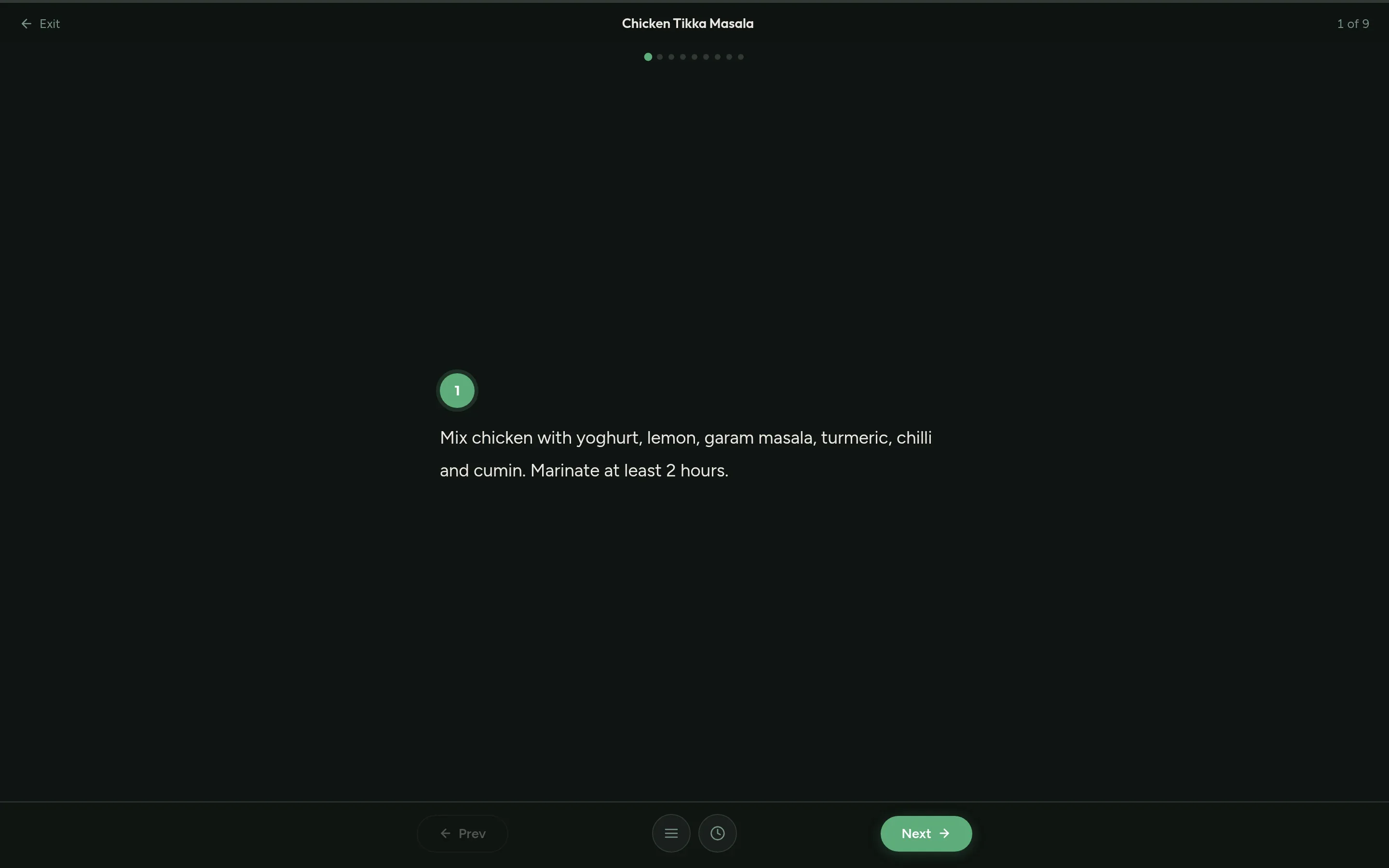 Cook mode showing the first step of Chicken Tikka Masala on a dark screen