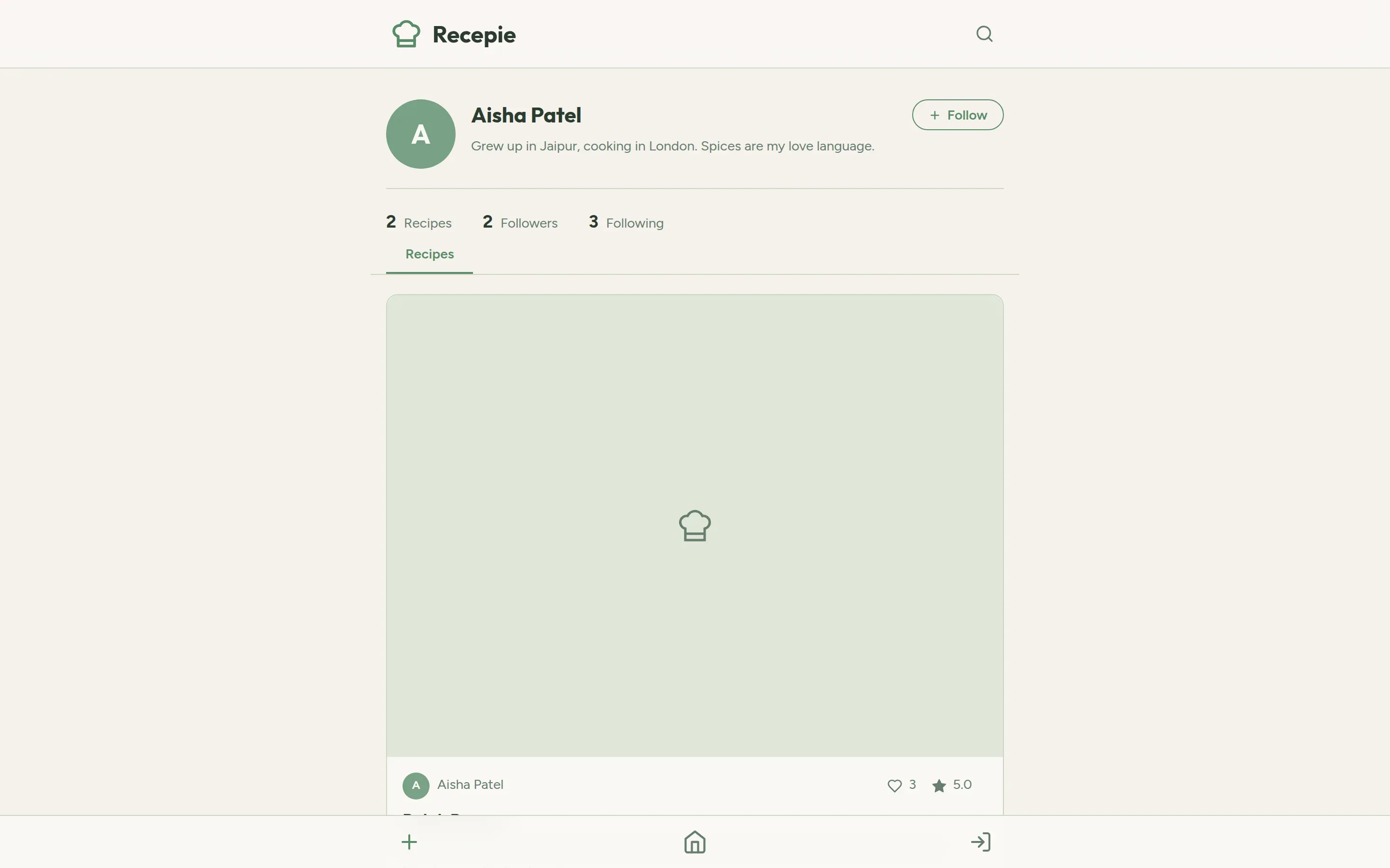 Profile of a home cook with recipe, follower and following counts