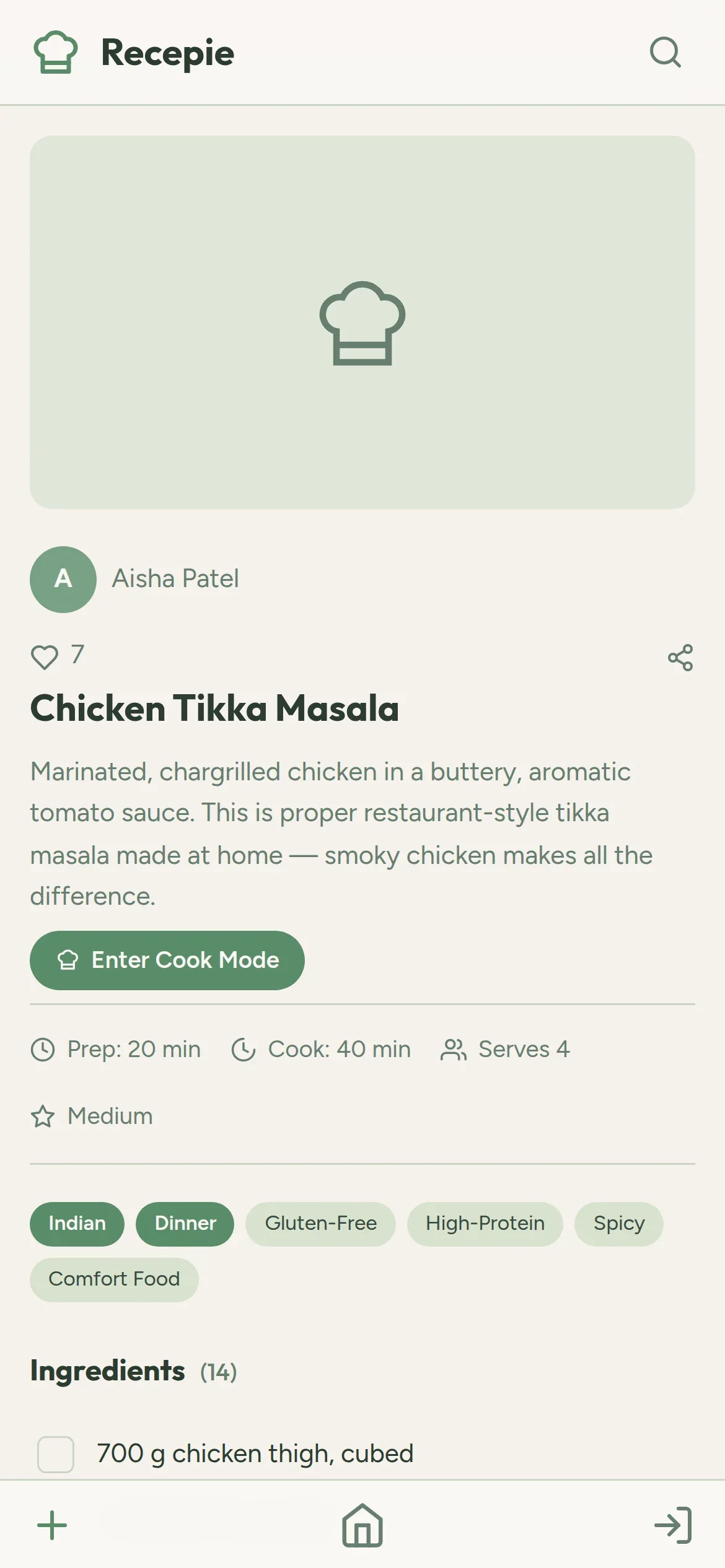 The Chicken Tikka Masala recipe page on a phone