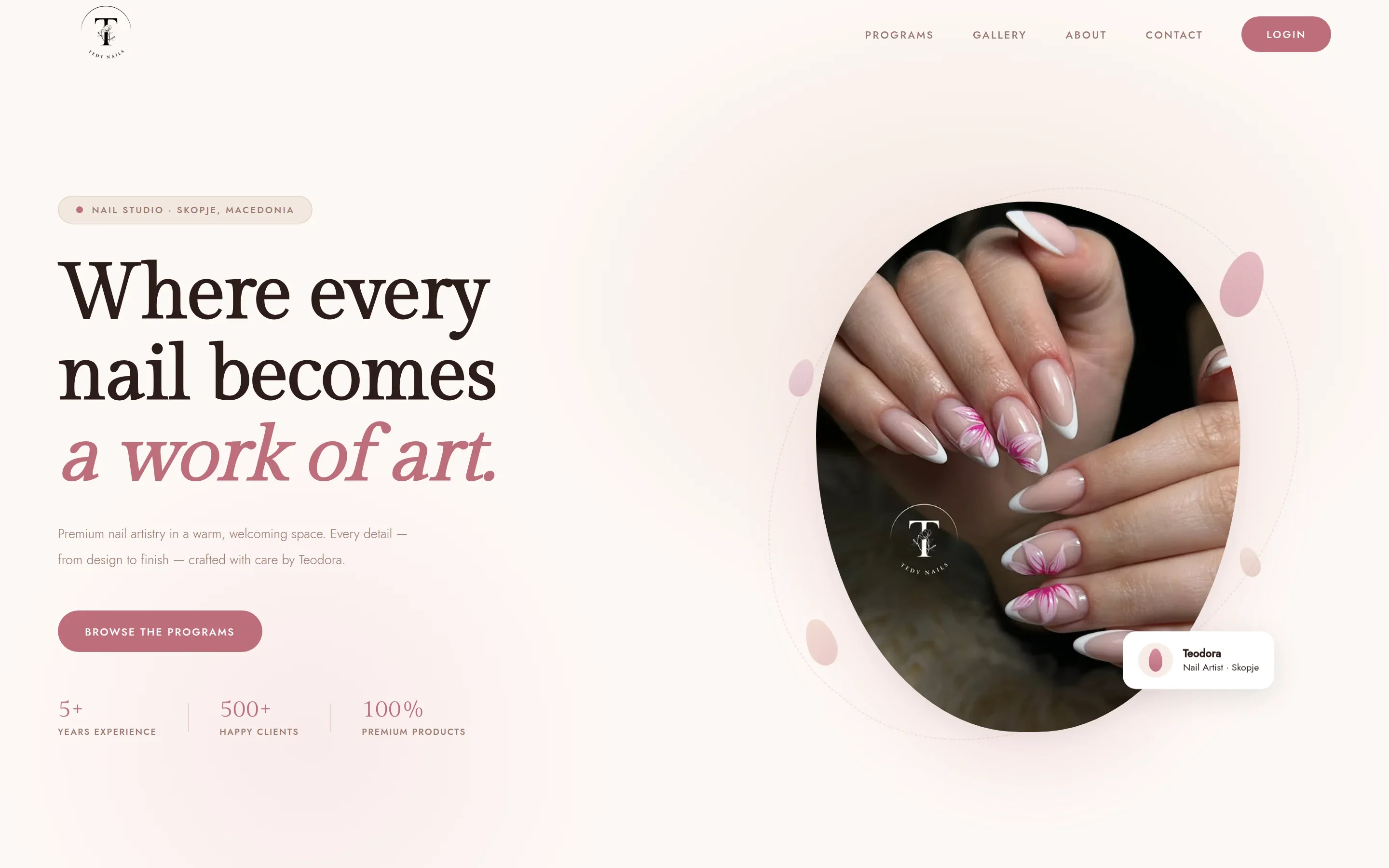 TedyNails home page with the headline “Where every nail becomes a work of art” beside a photo of pink floral almond nails