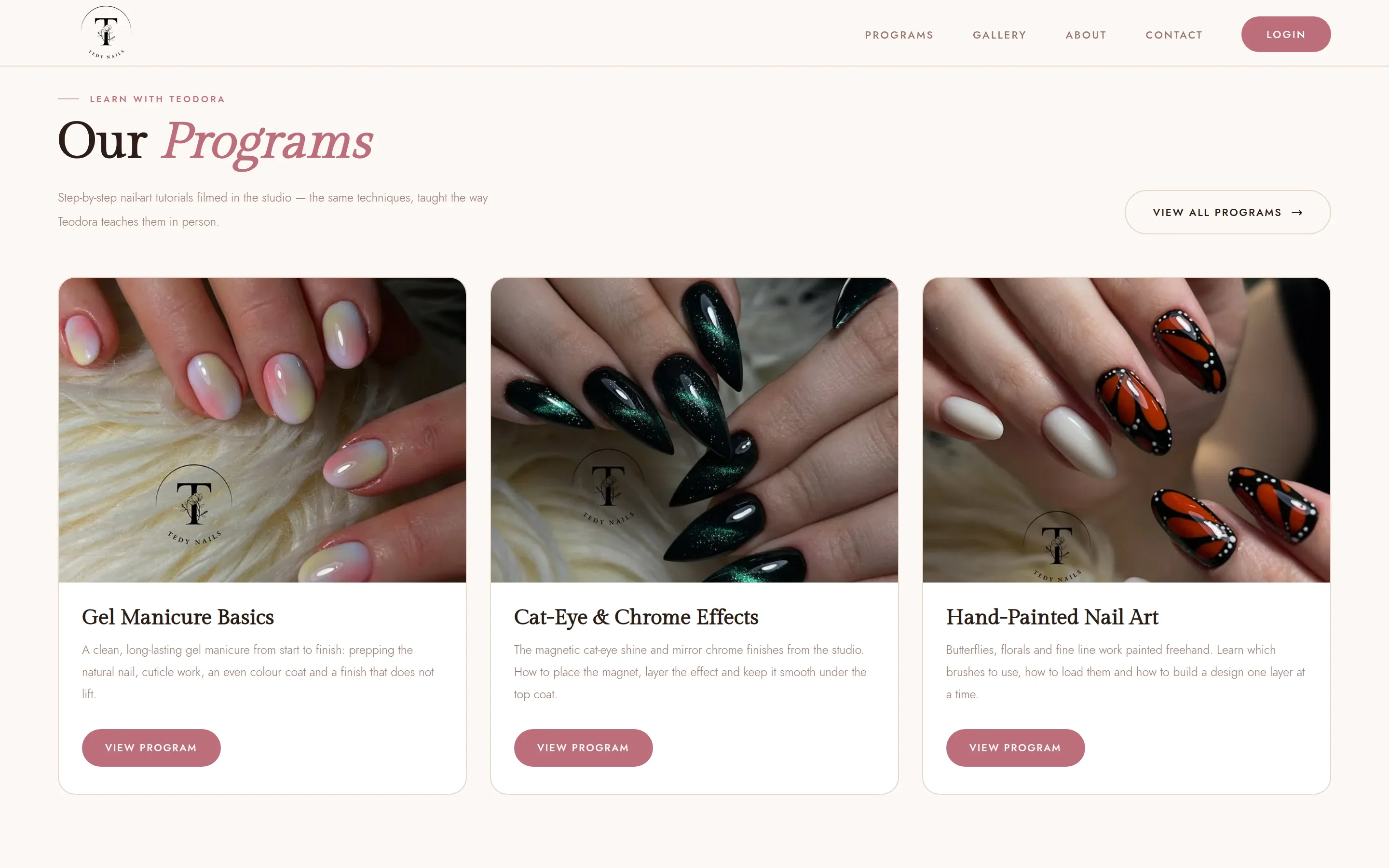 Three program cards: Gel Manicure Basics, Cat-Eye & Chrome Effects and Hand-Painted Nail Art
