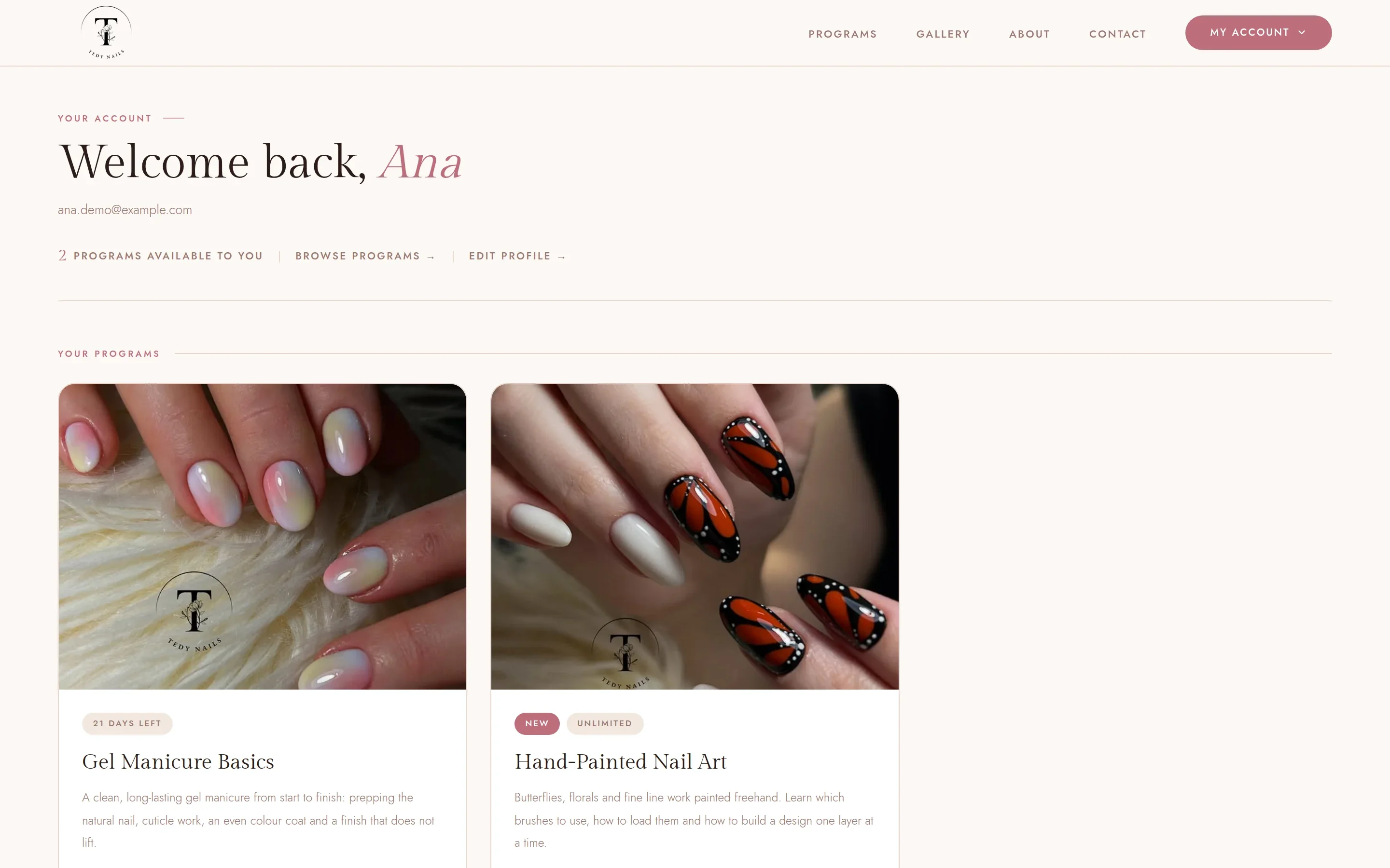 Member dashboard welcoming Ana, with two unlocked programs