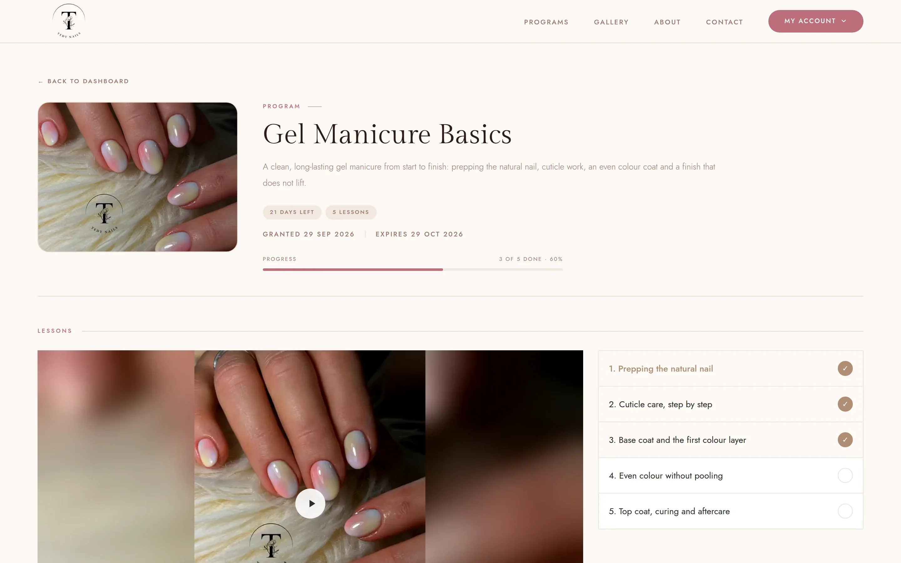 Gel Manicure Basics program page with a lesson video and a checklist of five lessons