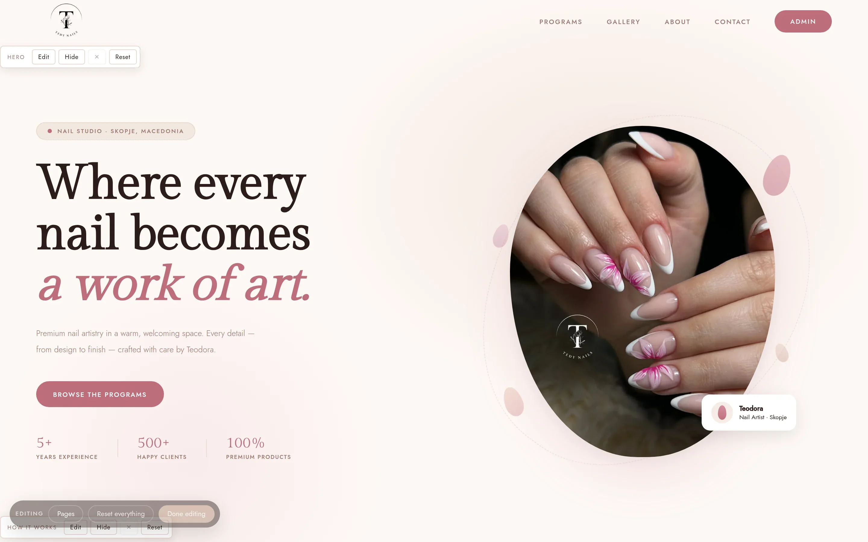 The home page in editing mode, with Edit, Hide and Reset buttons on each section
